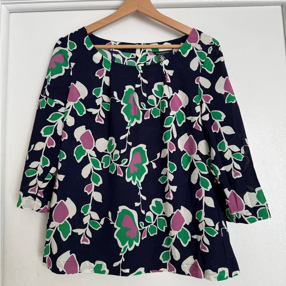 Banana Republic Factory Navy and Green Floral Blouse